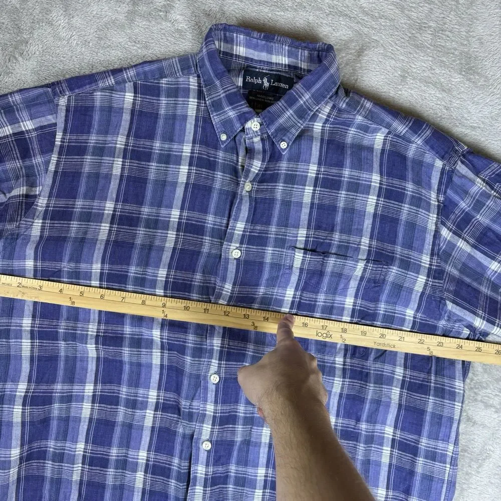 Polo Ralph Lauren‎ Marlowe Linen Blend Short Sleeve Shirt Men’s Large Blue Plaid